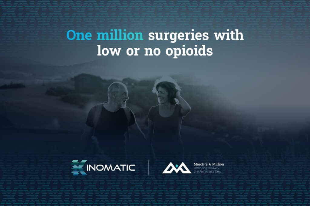 Couple walking outdoors with the goal line One million surgeries with low or no opioids, and the Kinomatic and March 2 A Million logos